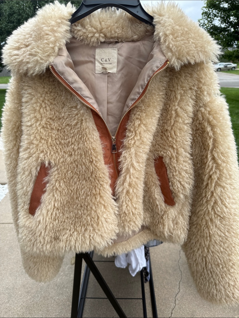 Cream Faux Shearling Jacket with Leather Trim